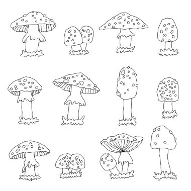 Siyah beyaz karalamalar, büyük mantar mantarları seti. Çizgi film ana hatları vektör sineği çizimleri beyaz arkaplan üzerinde