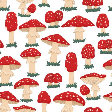 Beyaz arka planda kusursuz zehirli manita ölüm şapkası deseni. Vektör karikatür el, kumaş veya tekstil için kullanılabilecek çocuksu mantarların sonsuz çizimini yaptı.