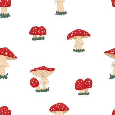 Kırmızı amanita mantarları kusursuz soyut desenler. Sonbahar zehirli mantar toplama sezonu geçmişi. Vektör illüstrasyonu