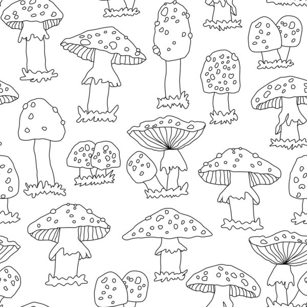 Black white outline doodle line seamless pattern of amanita mushrooms on white background. Vector cartoon hand drawn sketch illustration that can be used for coloring book, fabric, prints