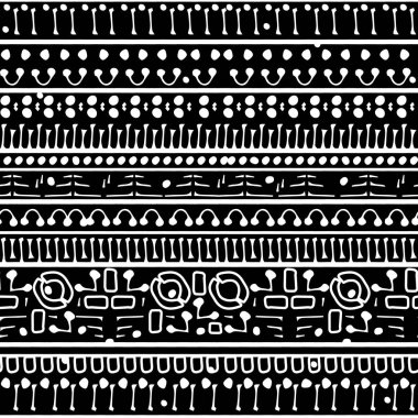 Ethno, ethnic seamless pattern on black background. Vector horizontal print of black white elements. clipart