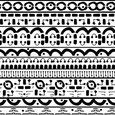 Siyah ve beyaz renklerde, etnik ve kusursuz sınır deseni. Kabile hattı arkaplan, sınır veya çerçeve için freehand noktalı tasarım