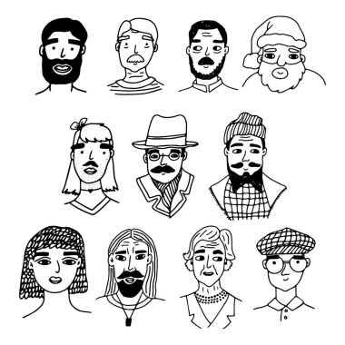 Çizgi siyah beyaz yüz grubu ya da kafa portreleri. Beyaz arkaplana çizilmiş modern izole vektör el seti.