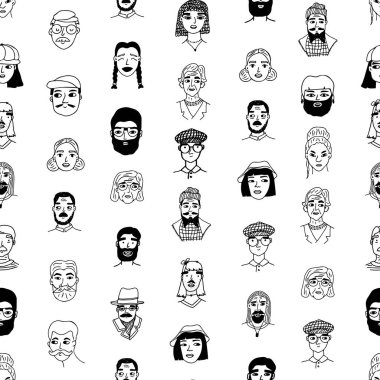 İnsanlar siyah, beyaz, pürüzsüz desenler çiziyor. Beyaz arkaplan üzerine çizim yapan yüz gruplarının ya da portrelerinin sonsuz gösterimi.