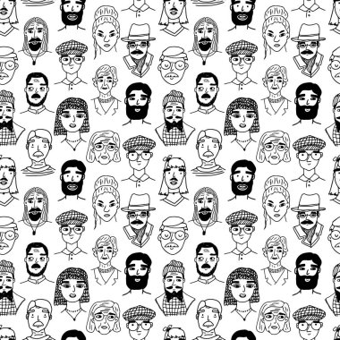 İnsanlar kusursuz desenler çizer. Siyah, beyaz, modaya uygun, beyaz arka plandaki büyükanne, büyükbaba, oğul, kız, baba ve anne portrelerinin sonsuz çizimi..