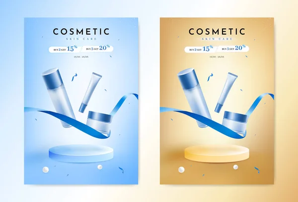 Set Blue Cosmetic Products Poster Template Vector Illustration — Stock Vector