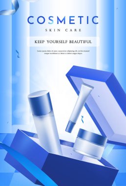 Açık Hediye Kutusuyla Cilt Bakımı için Kozmetik Ürünler, Vektör İllüzyonu