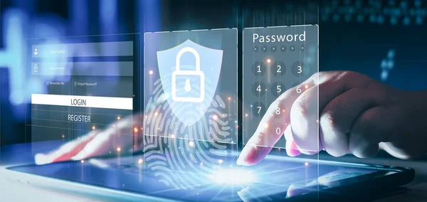 Siber Güvenlik Veri Koruma Teknolojisi Gizlilik Konsepti Klavyeye giriş ve şifre parmak izi ve siber güvenlik ile el yazısı yazan adam. veri koruması ve güvenli internet erişimi.