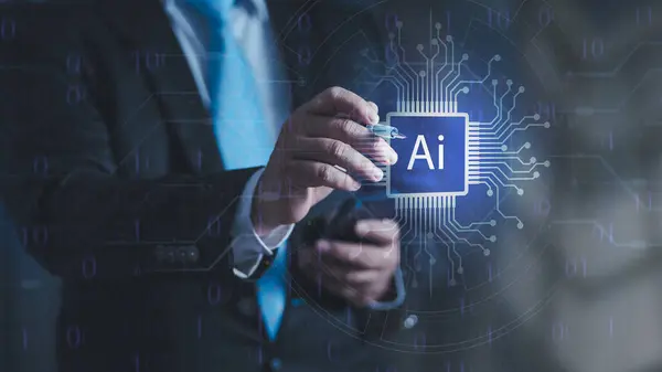 Yenilikçi teknoloji makine öğrenimi. Yapay zeka yapay zeka devre kartı şekil olarak elektronik PCB devre simgesi iş adamının parmakları üzerinde siber punk neon siber uzay aydınlatmasına dokunuyor.
