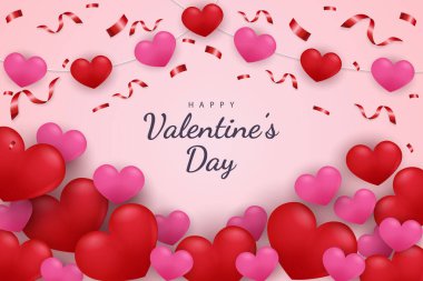 Sevgililer Günü 'nüz kutlu olsun. Kırmızı ve pembe renkli arka plan kalpleri ve elementler.