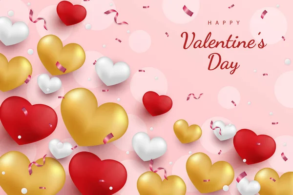 Feliz Día San Valentín Fondo Realistas Corazones Elementos — Vector de stock