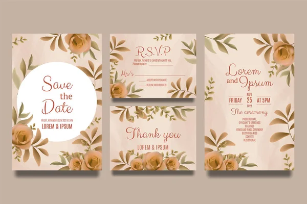 Plantilla Invitación Boda Con Rosas Hojas Marrones — Vector de stock