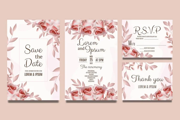 Plantilla Invitación Boda Con Rosas Rosadas Hojas — Vector de stock