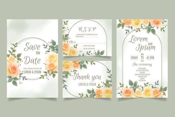 Wedding Invitation Template Yellow Orange Roses Leaves — Stock Vector