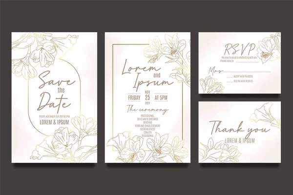 Hand Zeichnen Hochzeitseinladungsvorlage Mit Lilienblüten Und Blättern — Stockvektor