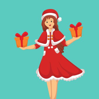 Noel Baba Kostüm Karakteri Tasarım İllüstrasyonlu Noel Kızı