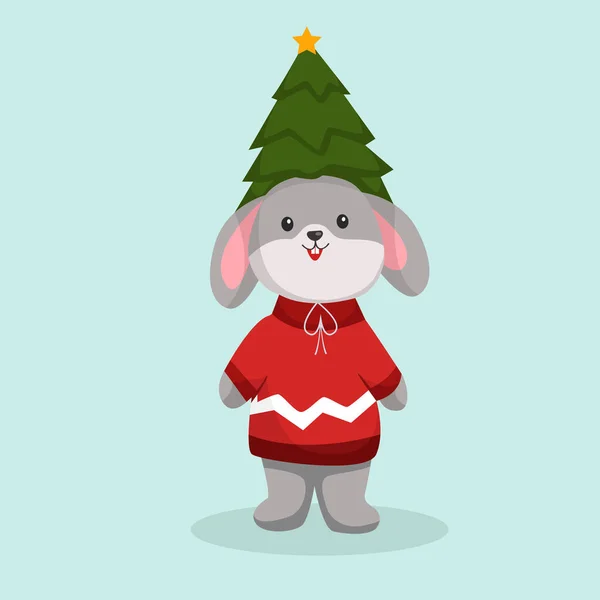 Weihnachtstag Kaninchen Mit Kiefernhut Character Design Illustration — Stockvektor
