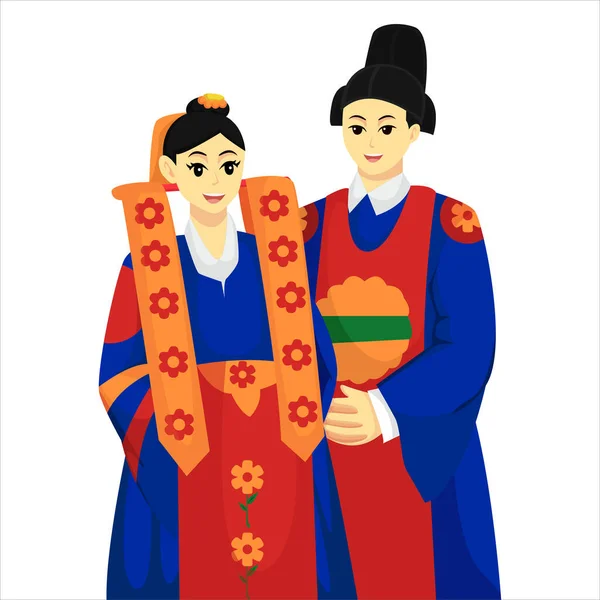 Koreai Vőlegény Menyasszony Esküvői Karaktertervezés Illusztráció — Stock Vector