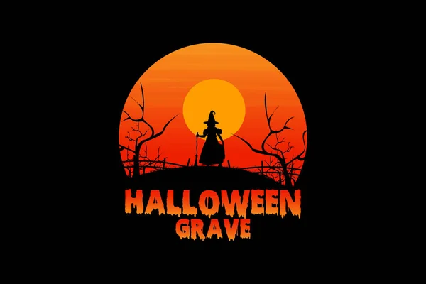 Halloween Grave Retro Vintage Design Paisagem —  Vetores de Stock