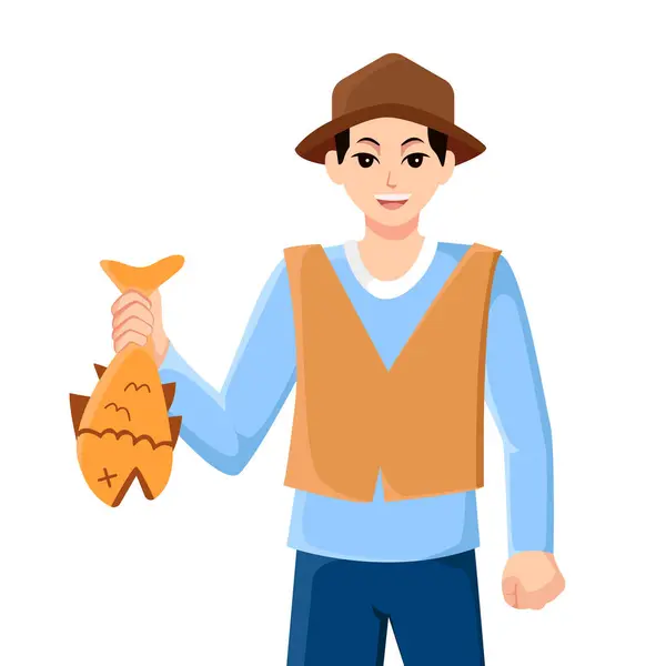 Pêcheur Avec Personnage Poisson Illustration — Image vectorielle