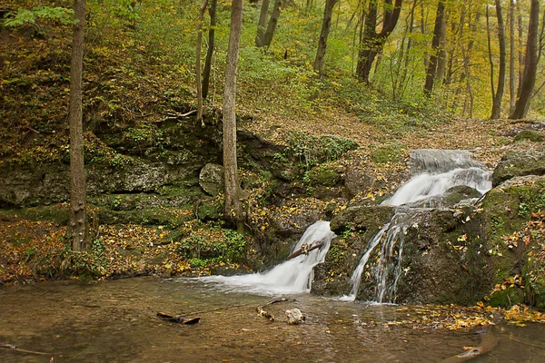 秋の森の中に小さな滝がある風景 — ストック写真