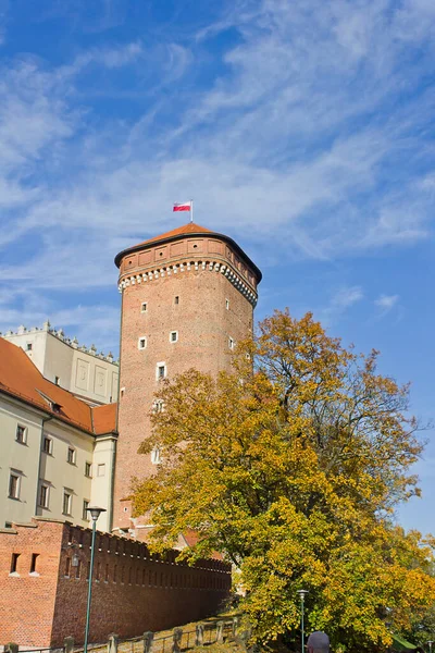 Jesienny Krajobraz Wieżą Pałacu Wawelskiego Krakowie Polska — Zdjęcie stockowe