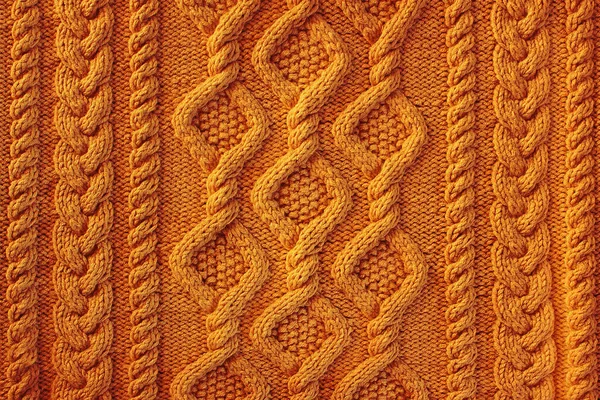 Оранжевый Фон Трикотажа Ткани Рисунком Knitted Arans Крупным Планом — стоковое фото