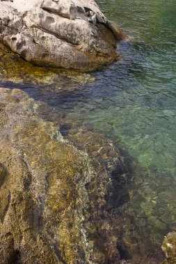 Adriyatik 'in kayalık kıyı şeridine temiz turkuaz sularla yakın çekim