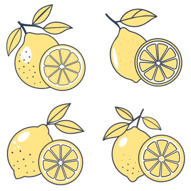 Beyaz arka planda izole edilmiş limon meyve ikonlarının çağdaş koleksiyonu. Düz bir şekilde elle çizilmiş vektör çizimi. Limon logoları için tasarım.