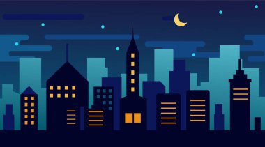 Gece vakti şehir sokağının siluetini tasvir eden bir vektör çizimi, koyu mavi bir gökyüzü zeminine bakan ışıklı pencerelerle..