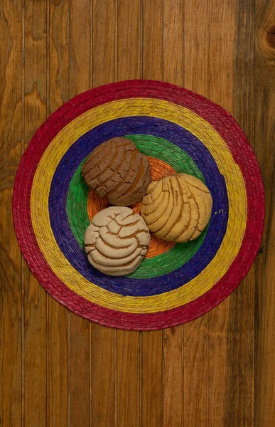Mexican Concha Sweet Bread Scone Tablecloth Wood Surface — Stock Photo, Image