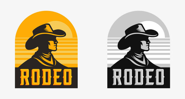 Rodeo cowboy stylized silhouette label, man hat western emblem with sunny background