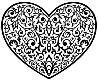 Kalbinde Viktorya dönemi Gotik süsü var. Stylize edilmiş kalp şekilli tasarım. Sevgililer Günü, düğün dekorasyonu, aşk sembolü. Yazdırma ya da işleme için son derece detaylı ve doğru satırlar