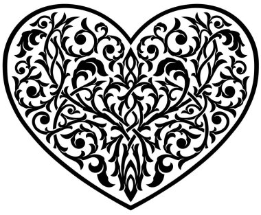 Kalbinde Viktorya dönemi Gotik süsü var. Stylize edilmiş kalp şekilli tasarım. Sevgililer Günü, düğün dekorasyonu, aşk sembolü. Yazdırma ya da işleme için son derece detaylı ve doğru satırlar