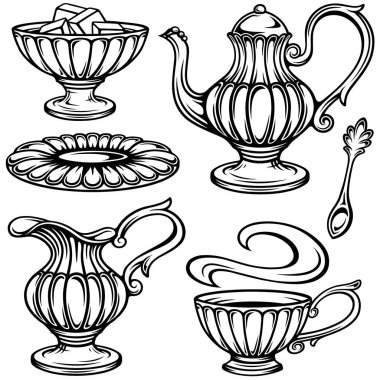 Klasik kahve ve çay seti stili. Karmaşık tasarım ve dekorasyon tablosu öğeleri, çizgi sanat tipi. Yazdırma ya da işleme için son derece detaylı ve doğru satırlar