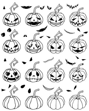 Bir set stilize edilmiş vektör ürkütücü Cadılar Bayramı balkabakları Jack o fener. Dövme, Cadılar Bayramı tasarımı, dekorasyon malzemeleri, çıkartmalar. Yazdırma ya da işleme için son derece detaylı ve doğru satırlar
