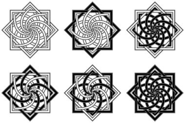 Dairesel sarmal geometrik süs seti. Şekil verilmiş hatlar ve dolgu kalıpları. Dövme, tasarım ve dekor elemanı silueti tipi. Yazdırma ya da işleme için son derece detaylı ve doğru satırlar