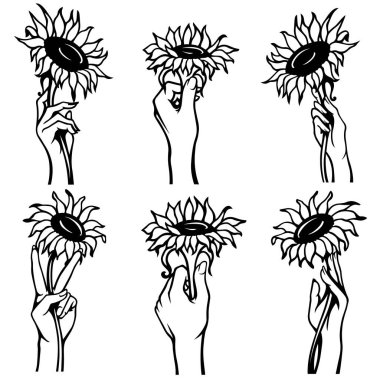 Avucunun içinde şekillendirilmiş ayçiçekleri. Dövme, tasarım ve dekor öğesi, çizgi sanatı tarzı. Yazdırma ya da işleme için son derece detaylı ve doğru satırlar