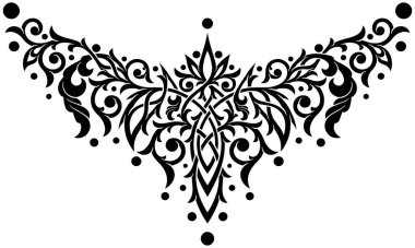 Viktorya Dönemi Gotik süsleme desenleri. Göğüs altında dövme, kolye, bilezik, sırtında. Karmaşık tasarım ve dekor elemanı silueti tipi. Yazdırma ya da işleme için son derece detaylı ve doğru satırlar