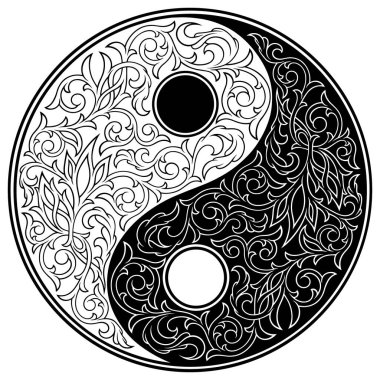 Viktorya Dönemi Gotik Süslü Yin Yang sembolü. Karmaşık tasarım unsuru, dekor, dövme, siluet tipi desen. Yazdırma ya da işleme için son derece detaylı ve doğru satırlar