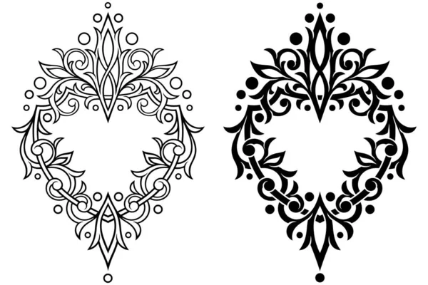 Ornamen Perisai Heraldik Garis Dan Siluet Desain Perisai Dengan Daun - Stok Vektor