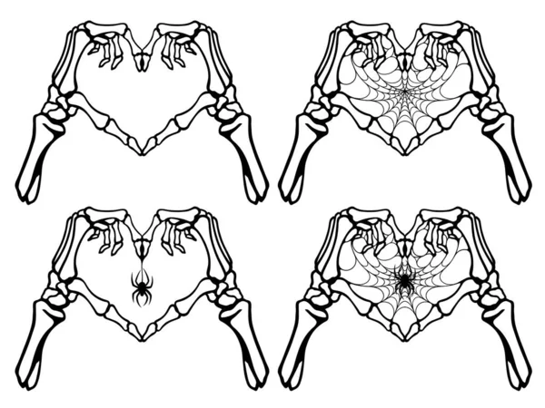 Skeleton hands in heart gesture with spider web. Tattoo, Halloween design and decor element. Highly detailed and accurate lines for print or engraving