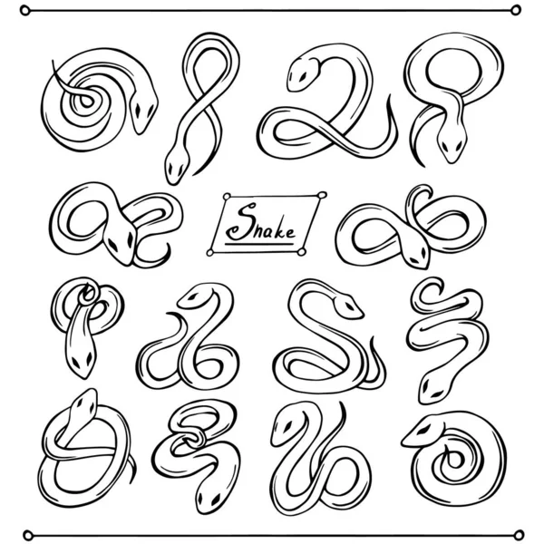 Conjunto Estilizado Serpientes Contorno Simple Línea Arte Estilo Boceto Tatuaje — Vector de stock