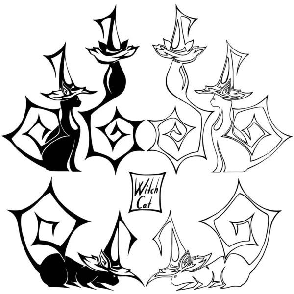 Set Vectores Estilizados Witch Cats Para Halloween Tatuaje Diseño Elemento — Vector de stock