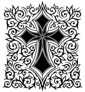 Karmaşık süslemeli Viktorya Dönemi Gotik Haçı. Zarif dövme, tasarım ve dekor elemanı silueti tipi. Yazdırma ya da işleme için son derece detaylı ve doğru satırlar