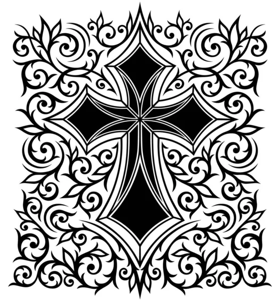 维多利亚时期的哥特式十字架与复杂的装饰元素 优雅的纹身 设计和装饰元素轮廓类型 用于印刷或雕刻的高度详细和准确的线条 — 图库矢量图片