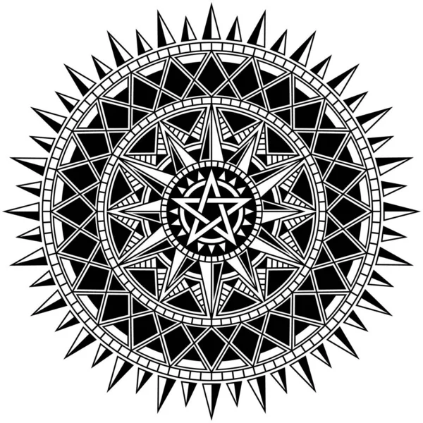Beş Köşeli Yıldızlı Kabile Mandala Oldukça Detaylı Çember Polinezya Tasarımı — Stok Vektör