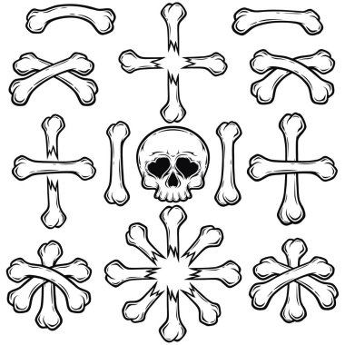 Stilize olmuş iskelet kemikleri ve kafatası. Dövme, Cadılar Bayramı tasarımı ve dekor unsuru. Yazdırma ya da işleme için son derece detaylı ve doğru satırlar