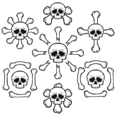 Stilize iskelet kemikleri ve kafatası. Dövme, Cadılar Bayramı tasarımı ve dekor unsuru. Yazdırma ya da işleme için son derece detaylı ve doğru satırlar