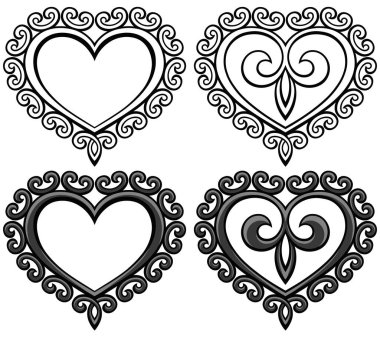 Viktorya dönemi tarzı kalp çerçevesi. Dövme, karmaşık tasarım ve dekor öğesi. Baskı ya da gravür için oldukça detaylı ve doğru çizgiler. Ayrı gruplarda ayarlanabilir renkler